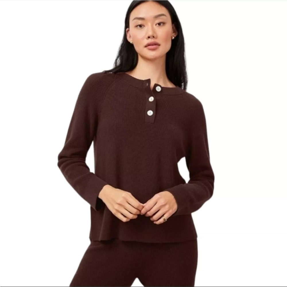 Rails Piper Distressed Henley Cashmere Blend Rib Knit Sweater Sz Large Beige